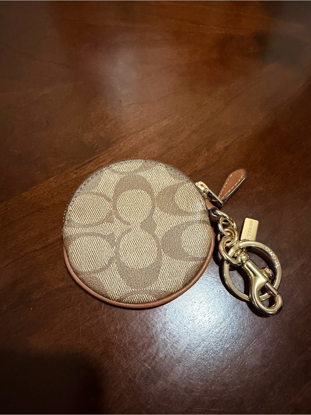 NWOT Coach Khaki & Tan Signature Round Coin Pouch Keyring
